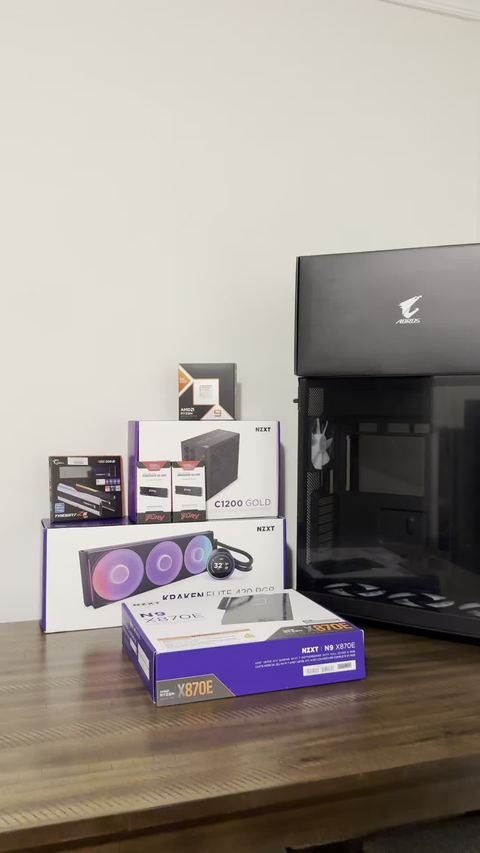 Gaming PC parts unboxing flat lay NZXT AMD Ryzen build