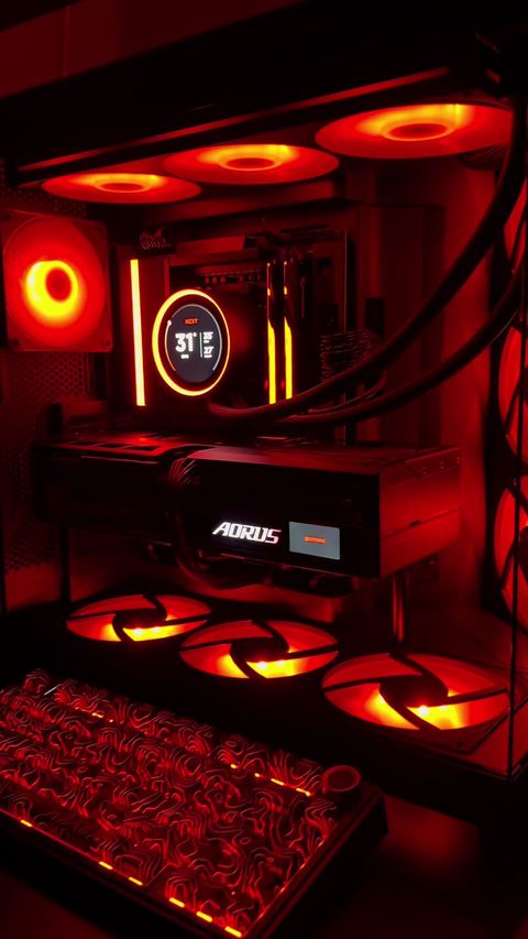 SorinVC gaming PC glowing red RGB setup view